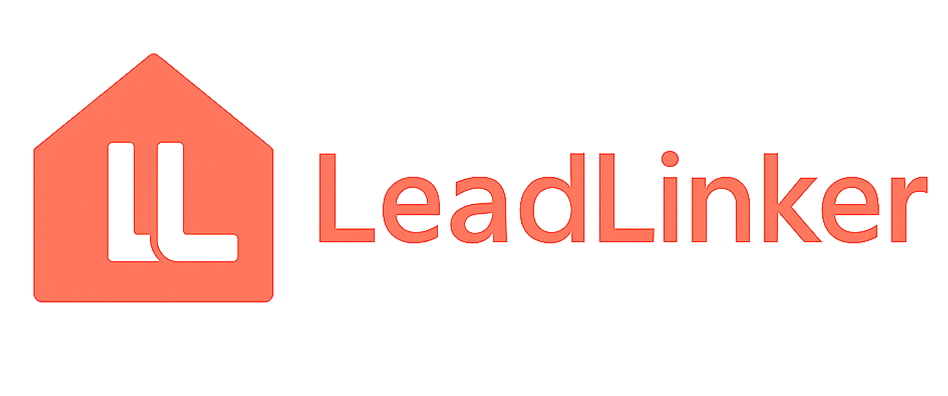 LeadLinker full logo with house icon and text in coral red