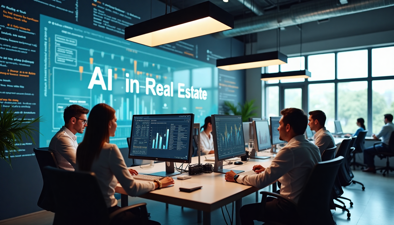Real estate agents analyze property data using AI tools in a bright, modern office