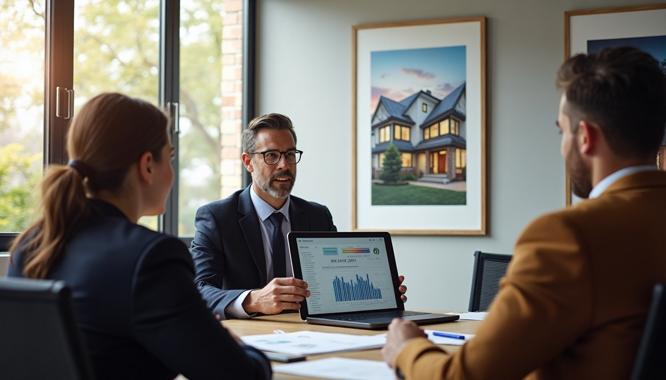 Real estate agent consulting clients with 'Lead Qualification' poster visible