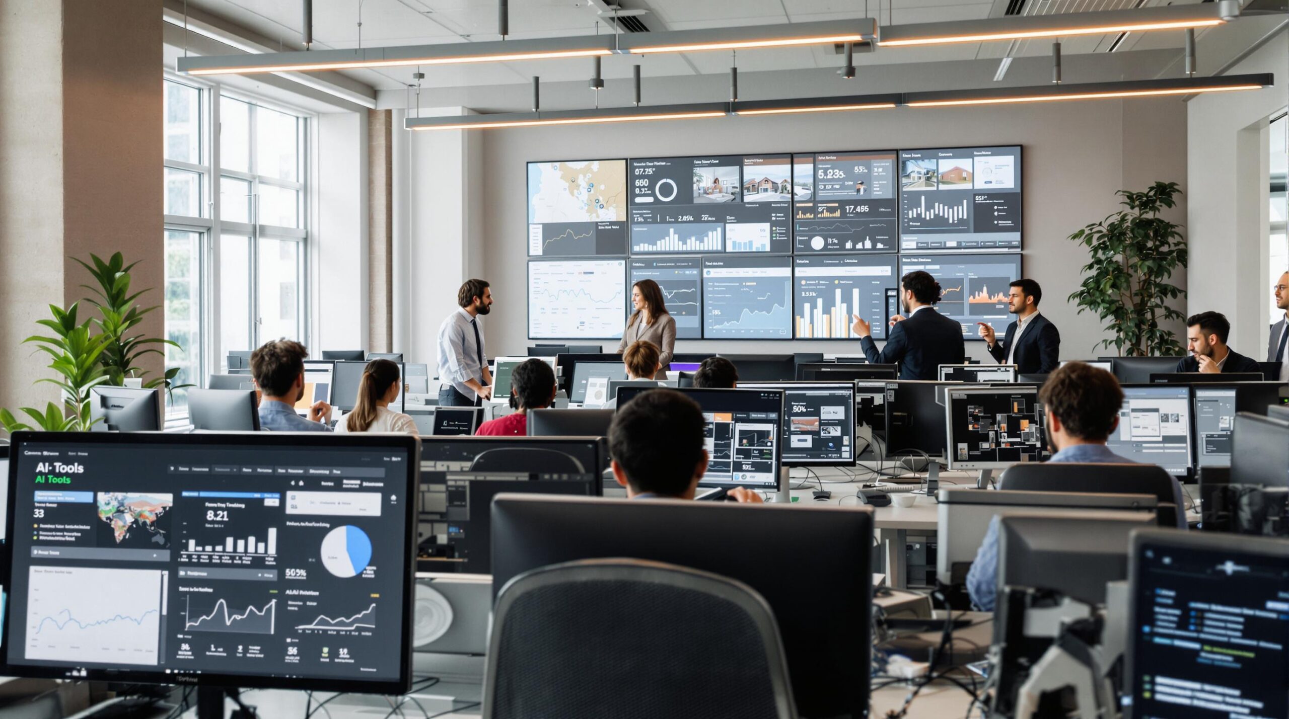 Real estate agents collaborate using AI dashboards and market data screens