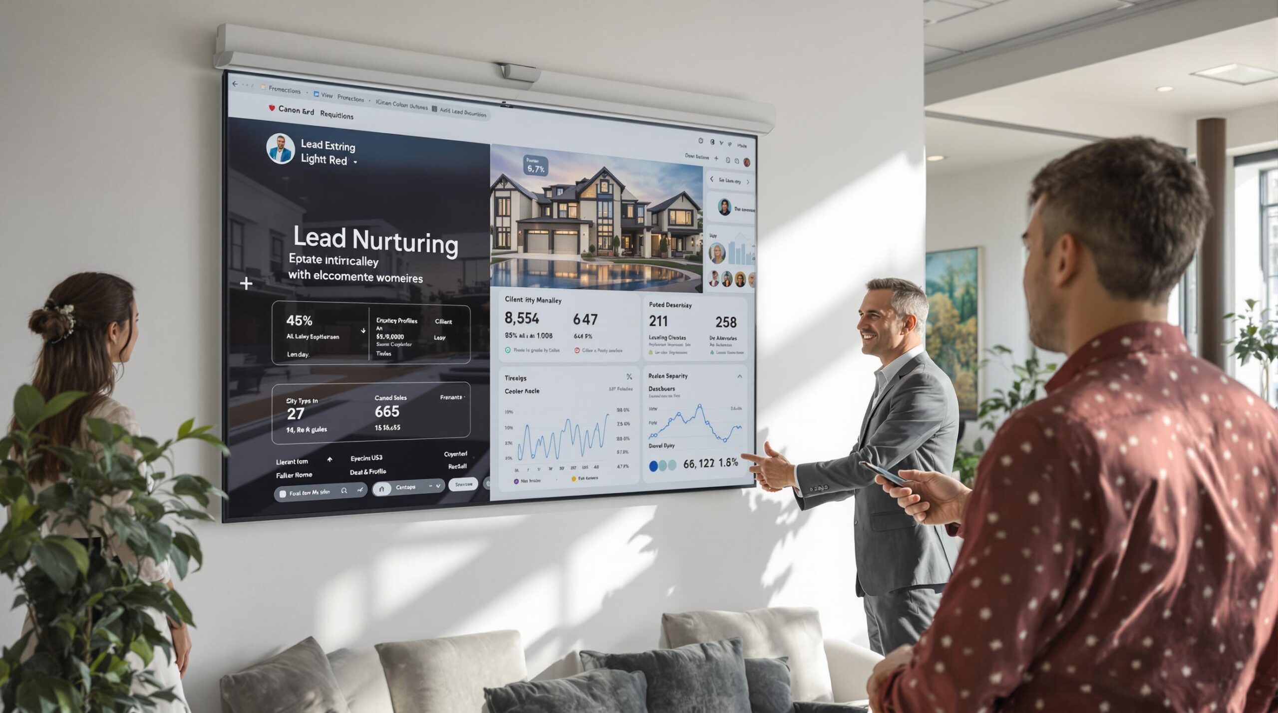 Real estate agents collaborating with digital dashboard showing lead nurturing concept.