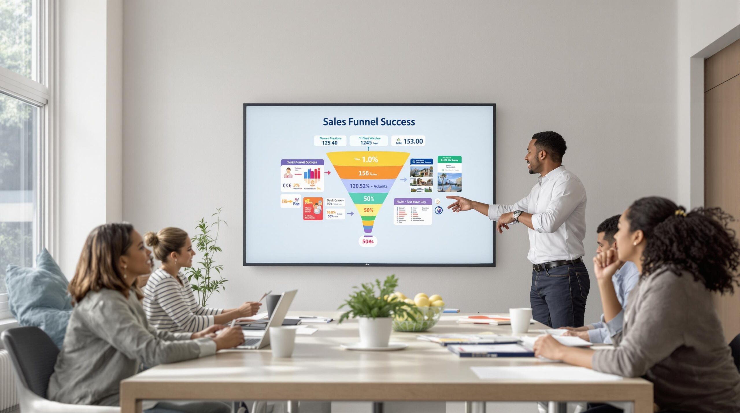 Real estate agents collaborating over digital sales funnel diagrams in modern office