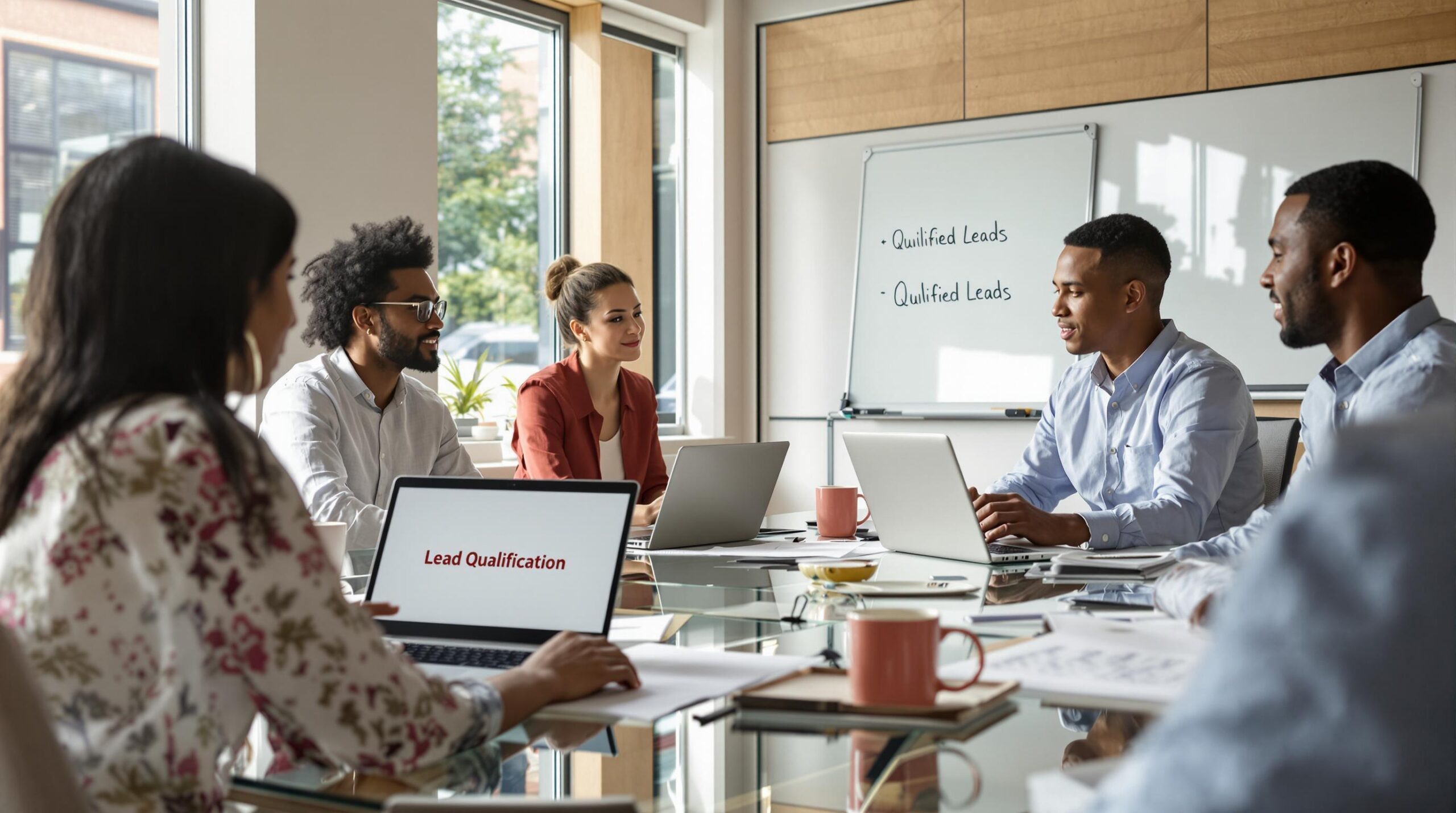 Real estate agents collaboratively reviewing qualified leads in a bright office