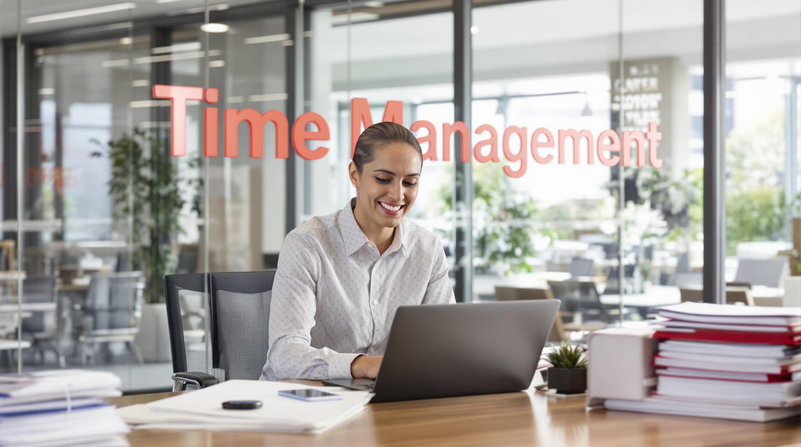 Real estate agent organizing day in modern office with 'Time Management' visible