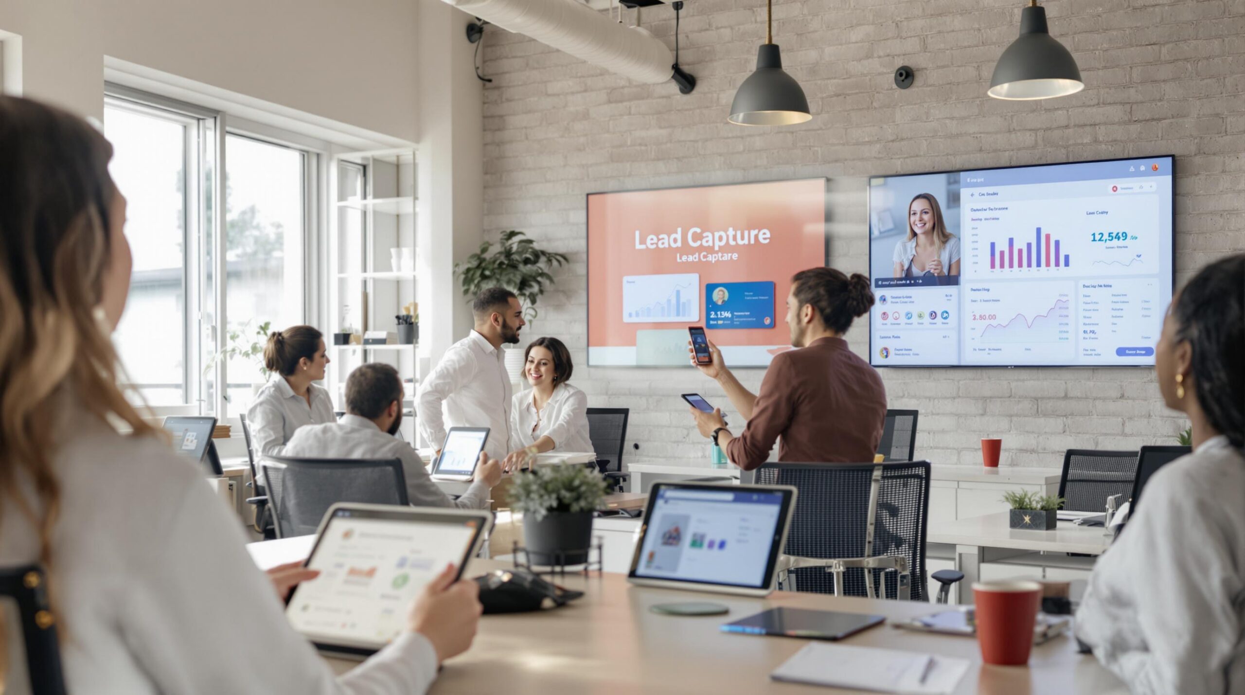 Real estate office with agents using technology and digital dashboards to capture leads