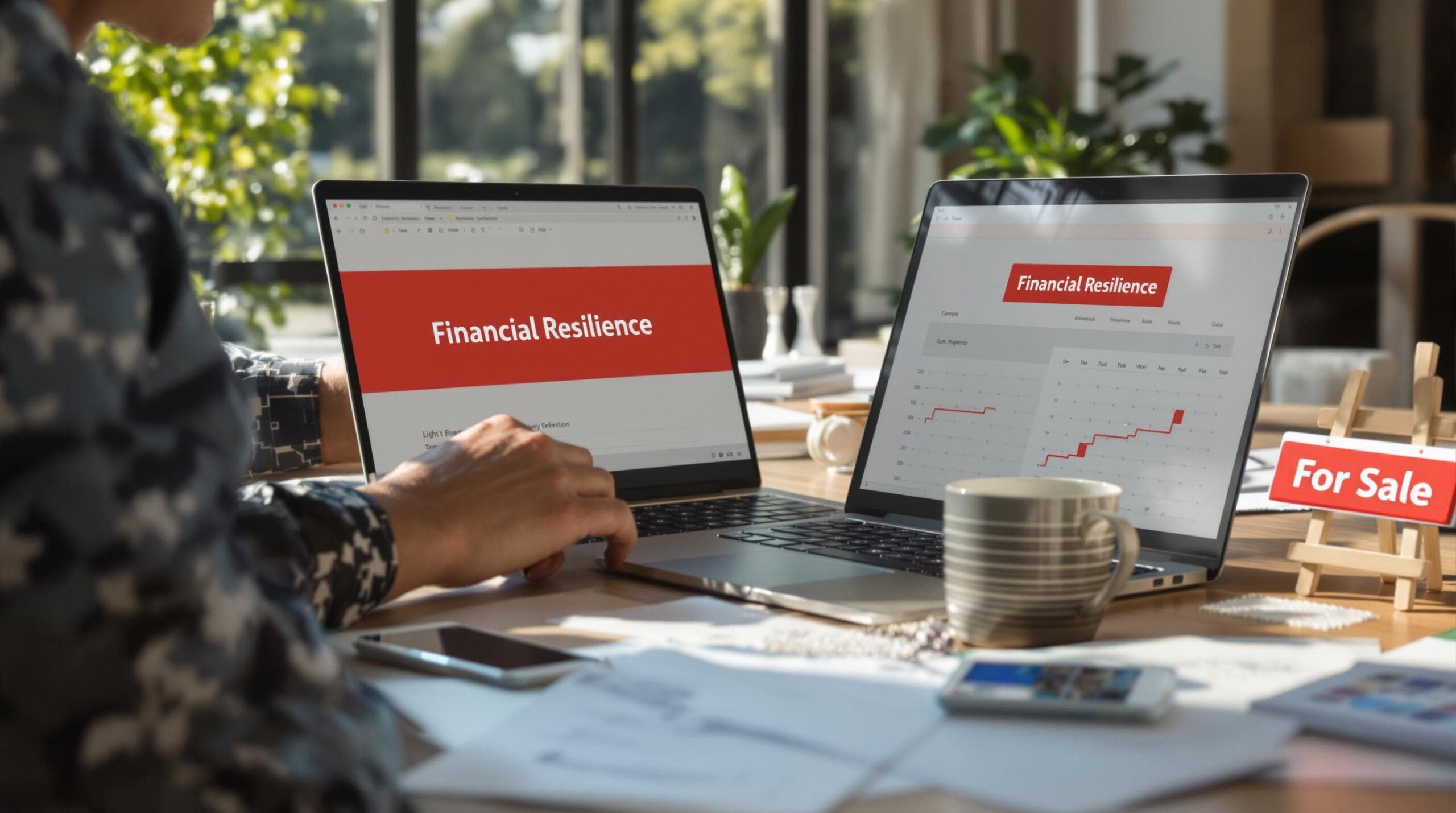Real estate agent reviewing financial plan in sunlit office, signifying budgeting resilience
