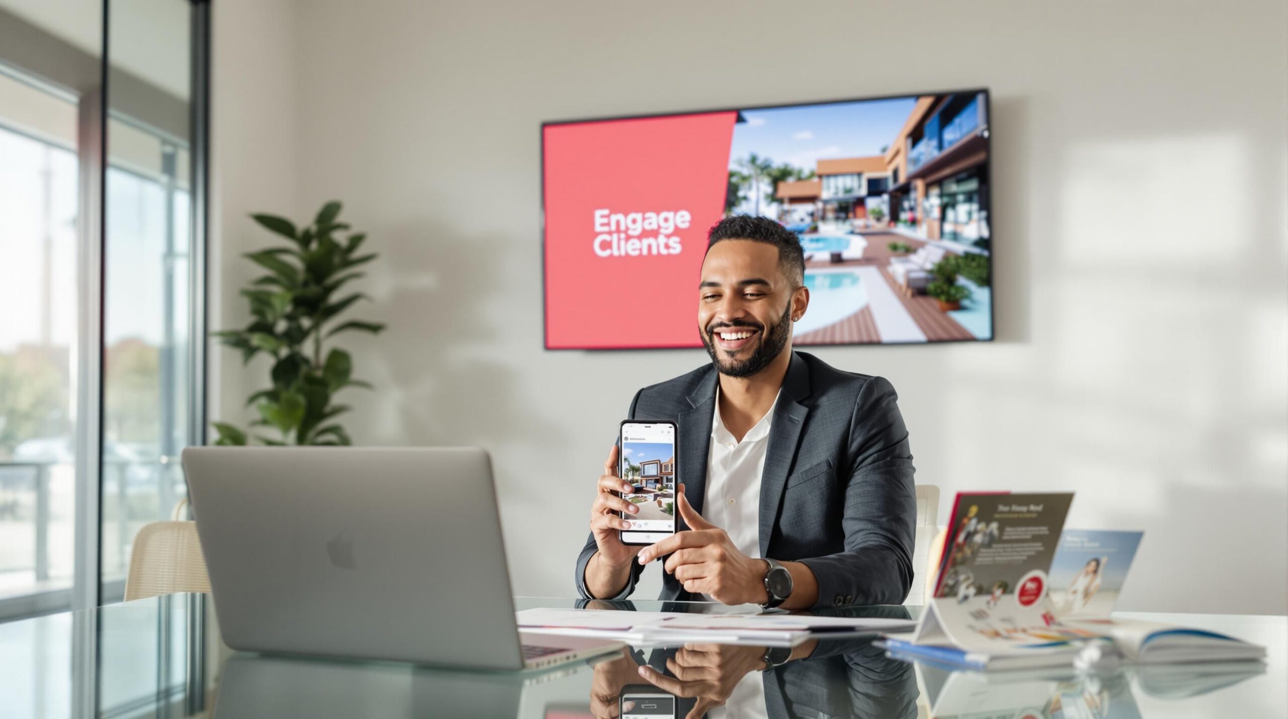 Real estate agent using Instagram at desk, 'Engage Clients' on office screen