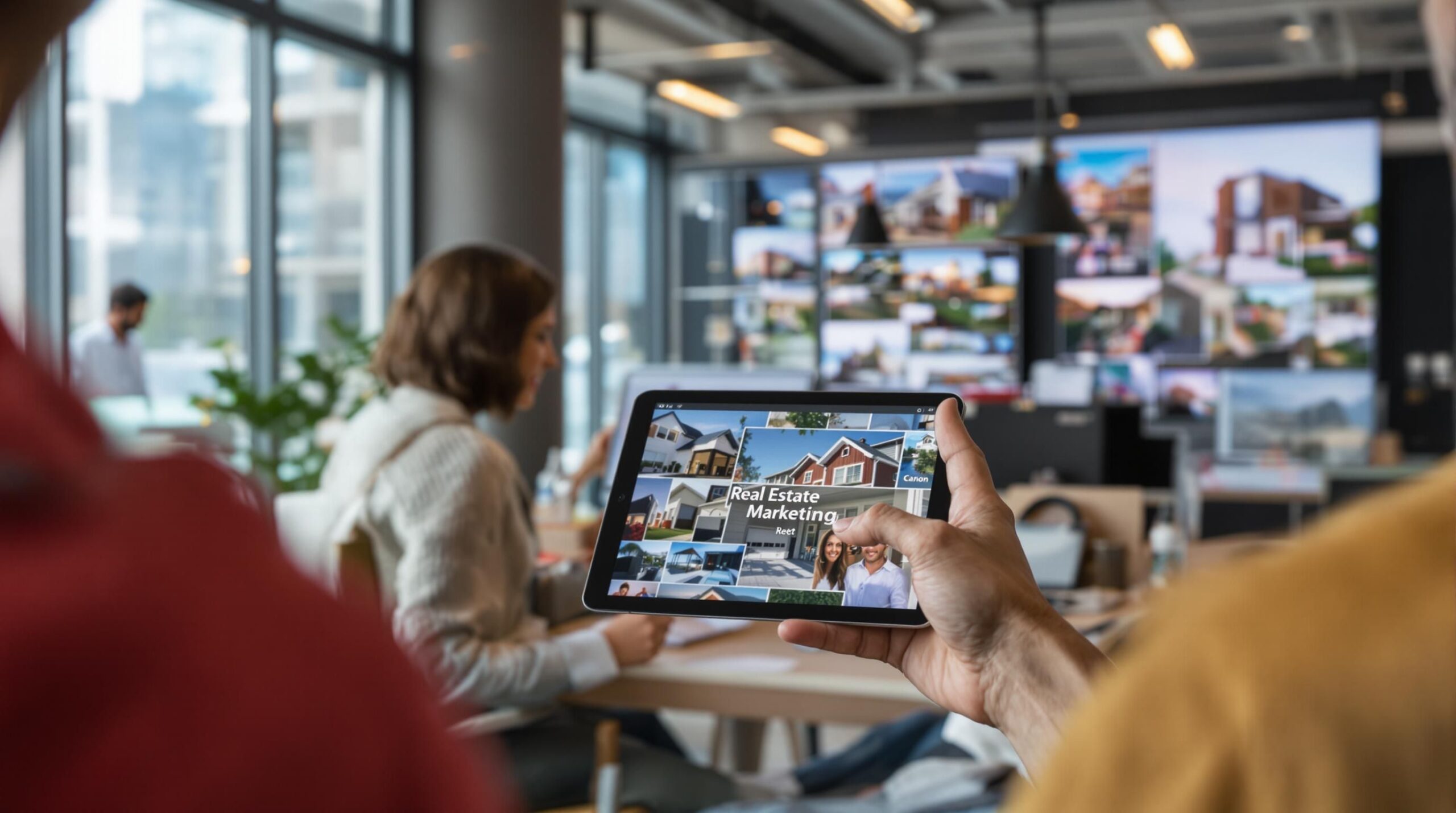 Real estate agent presents property digitally to clients in modern office