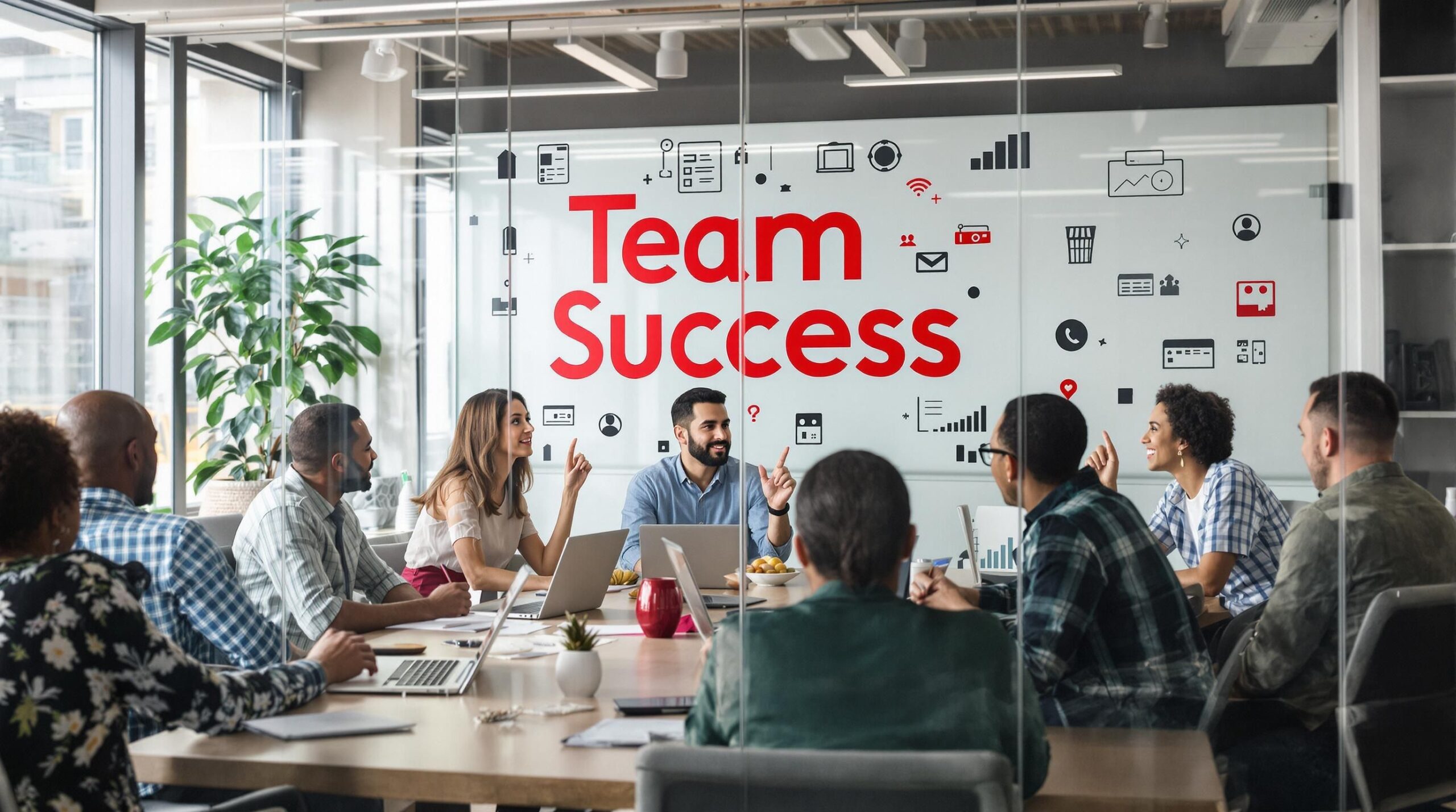 Diverse real estate team meeting in office discussing strategic success