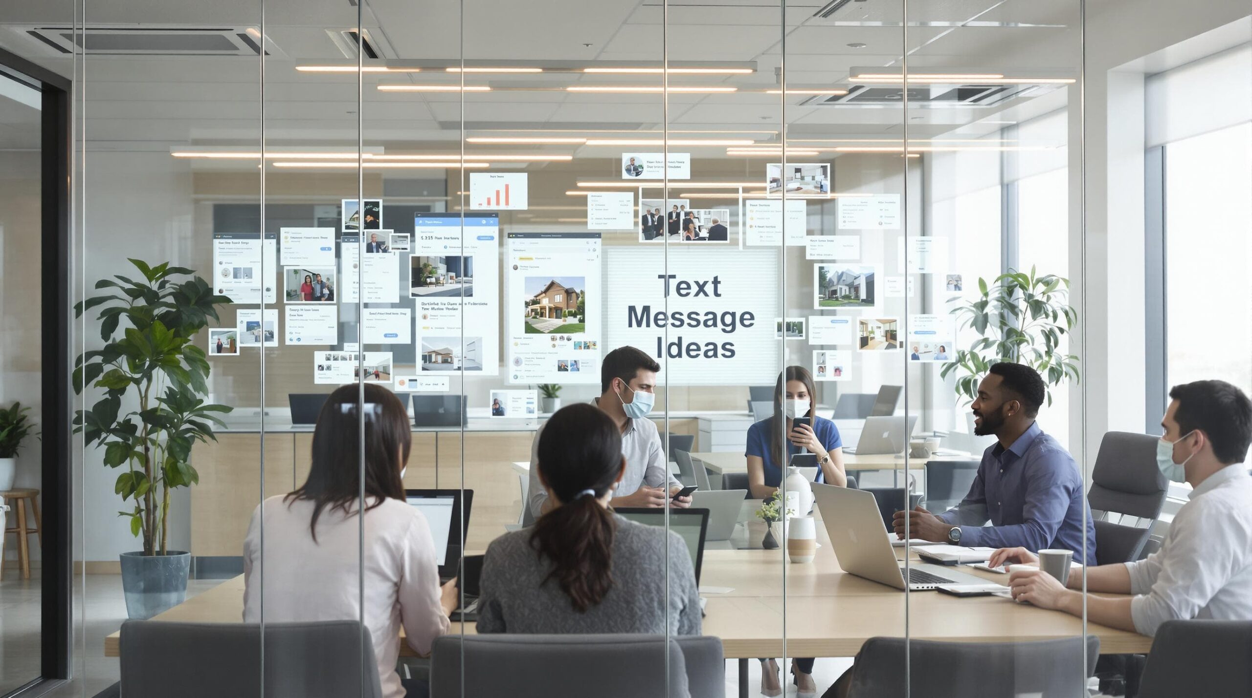 Modern real estate office with agents sending text messages, 'Text Message Ideas' on digital board